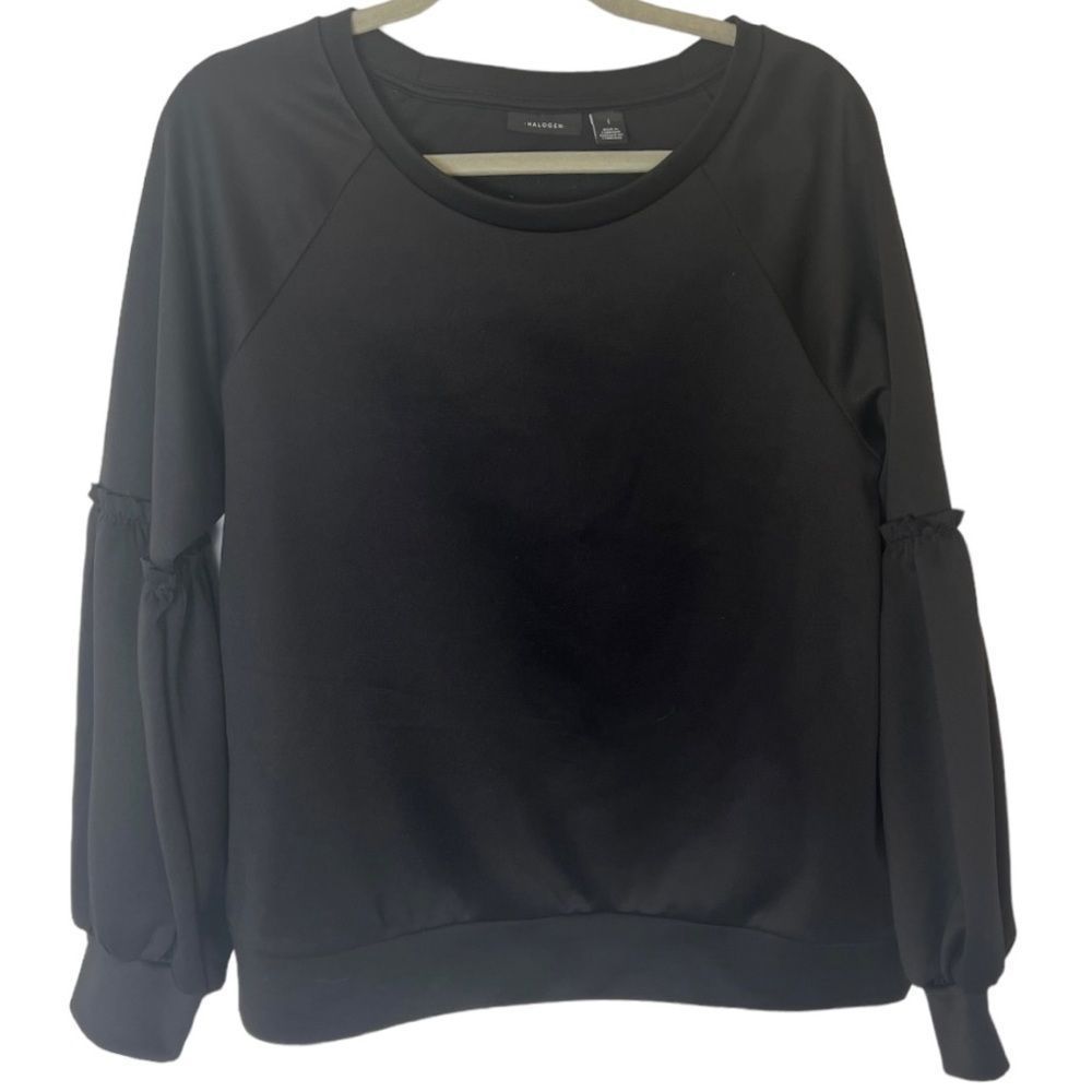 Halogen Black Pullover Sweatshirt with Ruffle Puff Sleeve Detail
